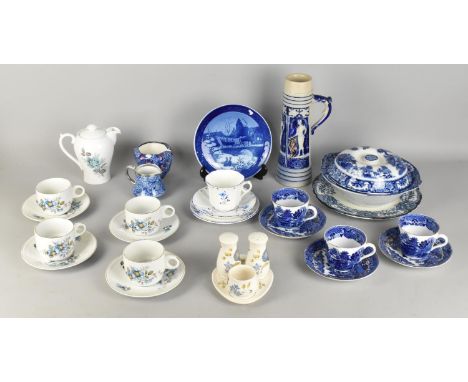 A Collection of Blue and White China to include Part Tea Set, Sylvac Cruet, Royal Copenhagen Plate, Lidded Tureen, German Sal