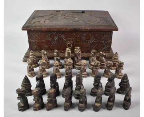 A Carved African Box (Formerly Stand/Mirror Base), Drawer Containing Carved African Chess Pieces