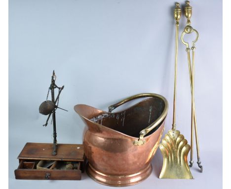 Two Brass Long Handled Fire Irons, a Copper Helmet Shaped Coal Scuttle (AF) and a Set of 19th Century Pan Scales for Restorat