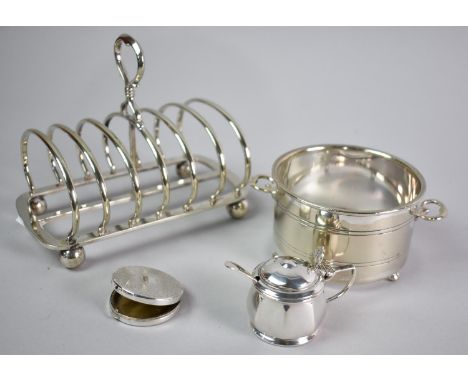 A Collection of Various Silver and Silver Plate Items to include Plated Toast Rack, Silver Mirrored Compact, Silver Mustard P