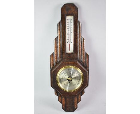 An Art Deco Wall Hanging Oak Barometer with thermometer, Barometer has Been Replaced, 62cms High