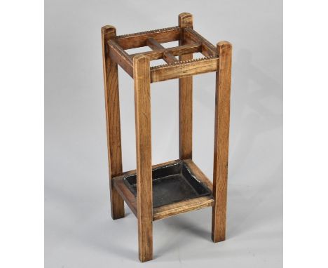 Oak Four Division Stick Stand of Square Form, Metal Drip Tray, 64cms High and 26cms Square