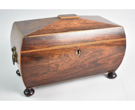 A Mid 19th Century Sarcophagus Shaped Tea Caddy with Two Removable Inner Boxes, Missing Mixing Bowl, Four Bun Feet, In Need o