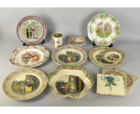 A Collection of Adams Cries of London Decorated Plates, Spode Byron Bread and Butter Plates, Decorated Tiles Etc