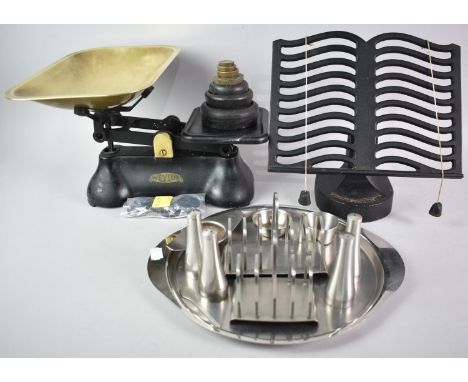 A Collection of Various Kitchenalia to include Brass Mounted Kitchen Scales, Cast Iron Recipe Book Stand, Toast Racks, Cruets