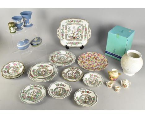 A Collection of Coalport Indian Tree Saucers and Side Plates, Wedgwood Blue and White Jasperware, Kaiser Ware Boxed Vase, Ayn