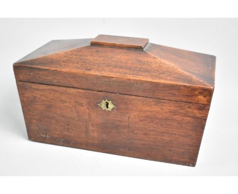 A Mid 19th Century Mahogany Sarcophagus Shaped Tea Caddy, Hinged Lid Revealing Two Removable Tea Boxes but Missing Glass Mixi
