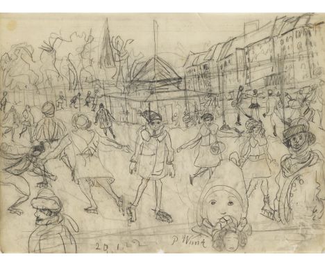 Expressionismus - - Paula Wimmer.  (1876 München - 1971 Dachau). Eislaufen. 1922. Bleistift auf dünnem Skizzenpapier. 20 x 26
