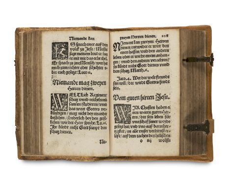 Des evangelischen Bürgers Handbüchlein. 2 Tle. in 1 Bd. Mit Titel in Rot und Schwarz und Holzschnitt-Druckermarke am Schluss.