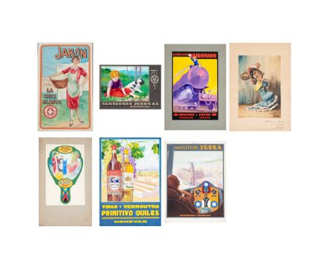 Escuela española, segundo cuarto del s.XX.Carteles publicitarios. Lote de siete acuarelas sobre cartulina para carteles publi