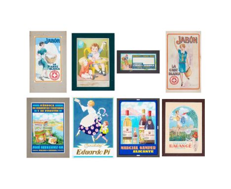 Escuela española, segundo cuarto del s.XX.Carteles publicitarios.Lote de ocho acuarelas sobre cartulina para carteles publici