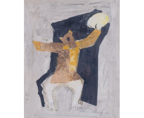 Lennart Rosensohn (1918 - 1994), abstract figure, 1963, mixed media paint/collage, 43cm x 35cm, framedGood condition