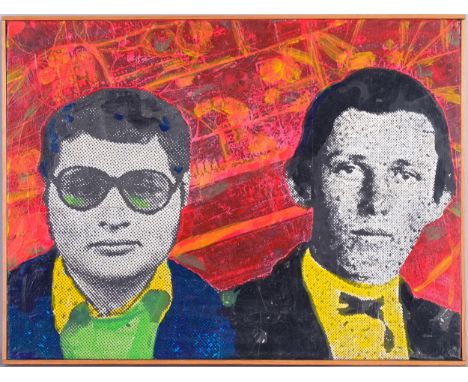 Billy Meet Carlos, contemporary collage/paint composition, indistinctly signed verso, 46cm x 62cm, framedGood condition