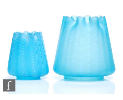 Two 19th Century glass lamp shades, possibly for oil lamps, both with a crimped top edge and a white Nailsea style pulled whi