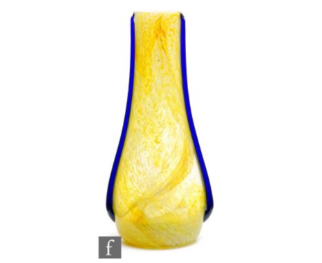 A large 1930s Gray-Stan glass vase of compressed ovoid form, with mottled yellow, amber and opal swirl decoration with two ap