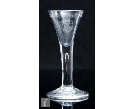 An 18th Century Jacobite drinking glass, circa 1745, the drawn trumpet bowl diamond point engraved with a portrait of Charles