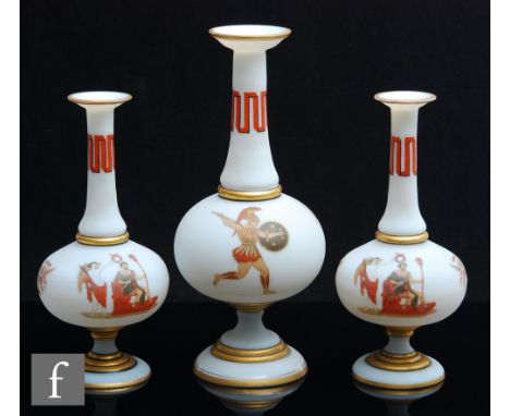 A 19th Century Etruscan style garniture in the manner of Richardson's, the vases of footed globe and shaft form with flared c