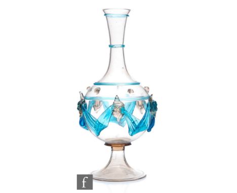 An early 20th Century Venetian glass vase, of footed globe form with flared neck, decorated with applied blue swags between a