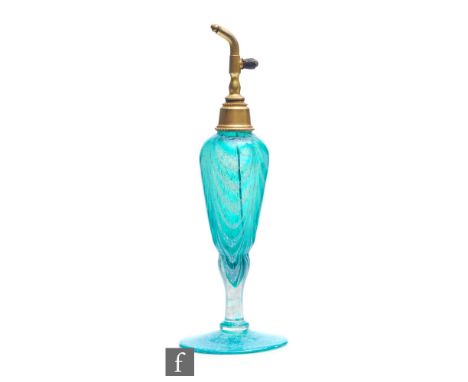 A 1930s Gray-Stan scent atomiser of slender baluster form, internally decorated with white Nailsea pulled loop over a jade gr