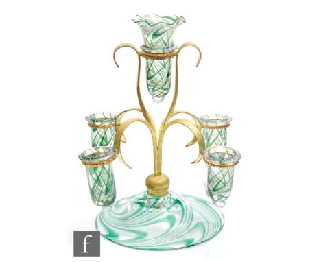 A late 19th Century Thomas Webb &amp; Sons Filamentosa four branch table epergne with central larger trumpet and four smaller