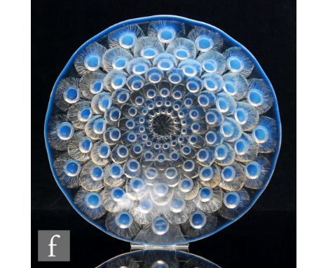 A&nbsp;René Lalique Plumes de Paon bowl, model no. 10-376, designed circa 1932, in an opalescent finish with engraved R. LALI