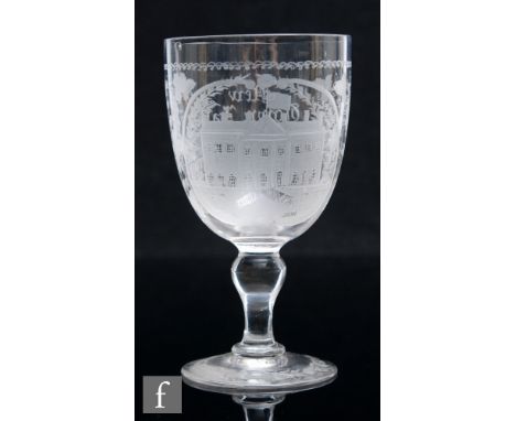 A late 19th Century commemorative clear crystal glass goblet, the large round funnel bowl engraved with an oval cartouche dep