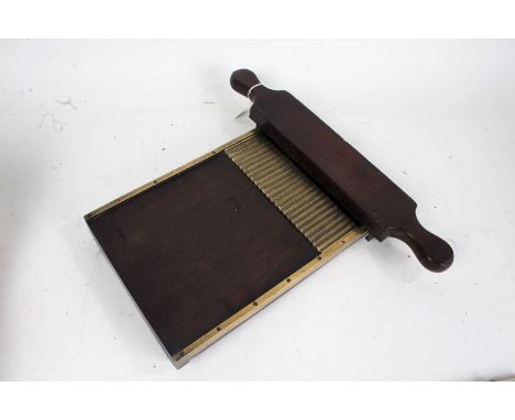 19th Century mahogany and brass mounted chemists pill roller,&nbsp; 43.5cm wide across handle, 35.5cm long