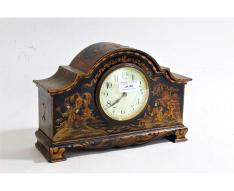 Chinoiserie mantel clock, the lacquered arched case with depictions of figures in a landscape, the white dia; with Arabic num