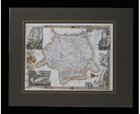 Thomas Moule, original coloured map engraving, Monmouthshire, circa 1850, the borders with illustrations of Tintern Abbey, Ch