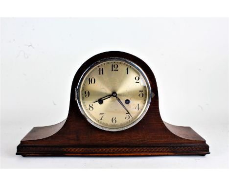 Early to mId 20th century oak cased mantel clock, having silvered dial and twin train movement, 43cm wide