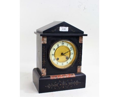 Late Victorian black slate and marble mantel clock, or architectural form, having circular dial with gilded centre and chapte