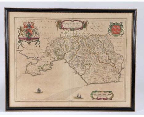 Johannes Blaeu, Coloured map engraving,&nbsp;Glamorganshire, "Glamorganensis comitatus vulgo Glamorgan Shire", circa 1648, La