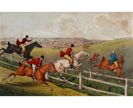 After H. Alken hunting print, "Fox Hunting", published 1820 by McLean London, housed in a glazed gilt and ebonised frame, the