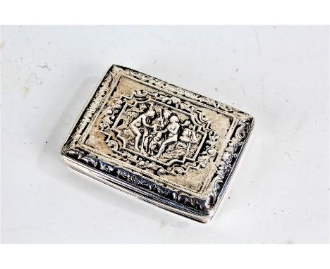 19th Century white metal snuff box, the hinged lid decorated with a classical scene and mythological figures to the border, o