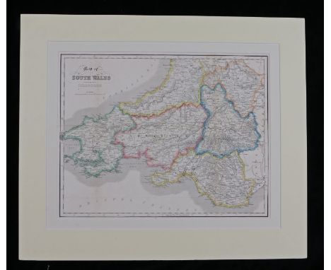 Coloured map engraving, "South Wales engraved for Roscoe's wanderings &amp; excursions in the principality", mounted, the map