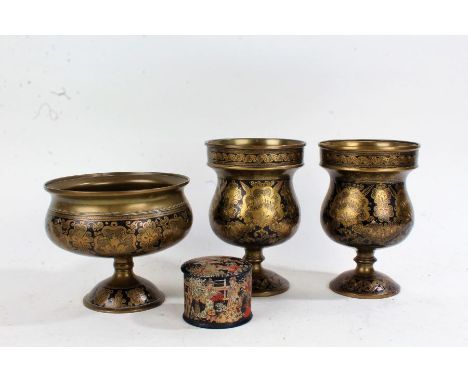 Pair of Indian brass and enamel vases and bowl, including a circular papier mache box with chinoiserie scenes, the vases 19cm