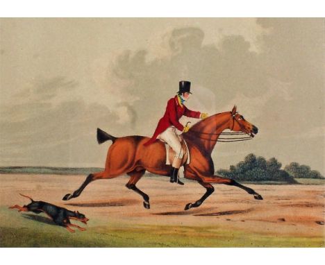 After H. Alken hunting print, "Hackney", published 1820 by McLean London, housed in a glazed gilt and ebonised frame, the fra