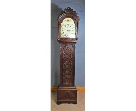 19th century oak 8 day longcase clock, Phillip Poll of Bungay, the signed dial with roman numerals and having a carved oak ca