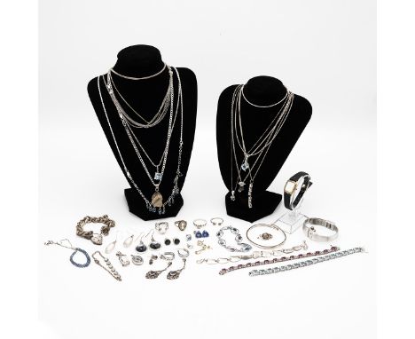 A collection of costume jewellery to include silver rings, silver bangle, watches, earrings and other items. (J)&nbsp;