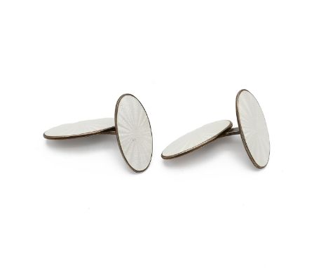 David Andersen - a pair of Norwegian silver and enamel cufflinks, the oval terminals with white engine turned enamel, approxi