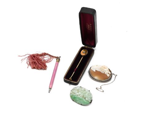 A Victorian yellow gold and pearl stick pin, total gross weight approximately 4g, in fitted case; a pink enamel propelling pe