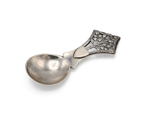 An Arts &amp; Crafts silver Tree of Life Caddy spoon, with a pierced tree handle and fig shaped bowl, 10cm long, H. G. Murphy