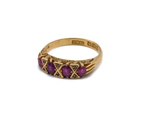 An 18ct yellow gold ruby and diamond ring, set with four oval mixed cut rubies, with rose cut diamond accents, ring size P, t