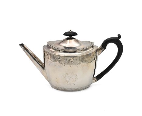 A George III silver teapot, engraved with a border of swags and lozenge motifs, with a curved ebony handle and finial, London