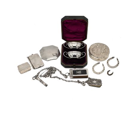 A collection of miscellaneous silver items to include a Victorian chatelaine, 1869, silver compact, silver box embossed with 