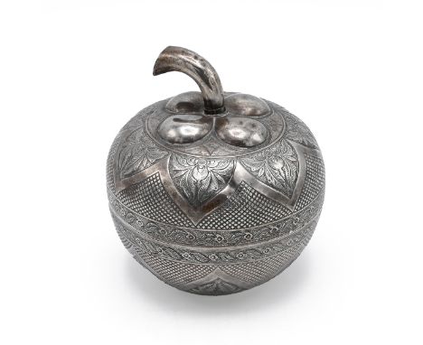 A 20th century Middle-Eastern white metal model of an apple/fruit?, with a cross hatch decoration and &nbsp;stylised border m