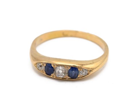 A Victorian 18ct yellow gold diamond and sapphire five stone ring, ring size L1/2, total gross weight approximately 3.2g. Unm