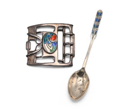 A silver and enamel teaspoon, Birmingham 1931, Liberty &amp; Co., along with part of a silver enamel belt buckle, Liberty &am