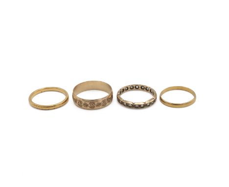 Two 22ct gold wedding bands, 4.62g, along with a 9ct gold wedding band and 9ct eternity ring, 4.43g. &nbsp; J