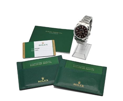 Rolex Oyster Perpetual Explorer gents wristwatch. Model 21470 serial 3081xxxx. Stainless steel body with black dial and Merce